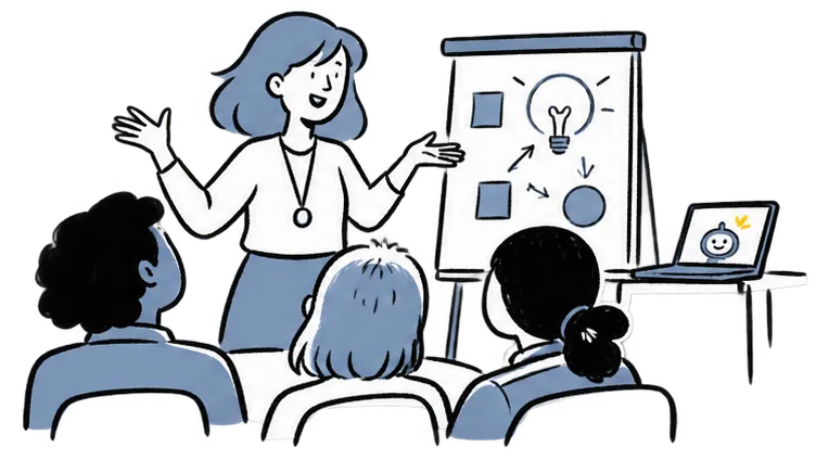 A teacher explains something at a flip chart with a light bulb to a group of students; beside her, a laptop with a small robot on the screen
