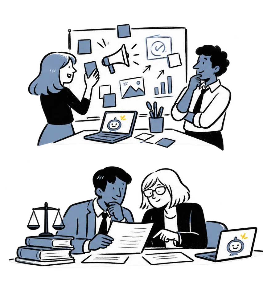 Above, a marketing team works in front of a board with notes, a megaphone, and charts; below, two people from a legal advisory firm review a document next to a pair of scales and some books. Both scenes include a laptop with a small robot on the screen