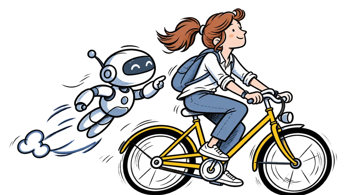 A smiling cyclist rides a yellow bicycle while a small robot flies beside her, pointing the way