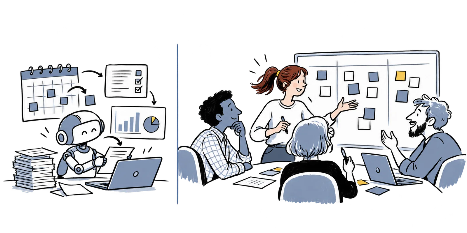 On the left, a robot handles mechanical tasks: calendar, checklists, reports, and paperwork. On the right, separated by a line, a Scrum Master facilitates a conversation with her team in front of a board of sticky notes