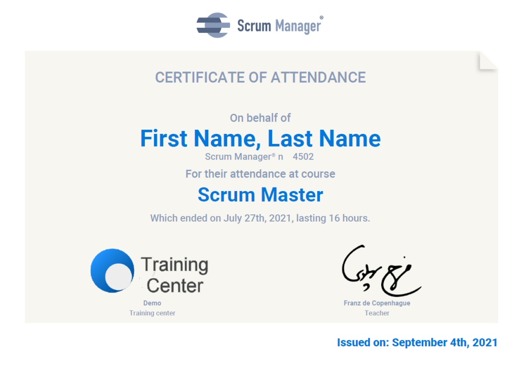 scrum manager certificate of attendence example