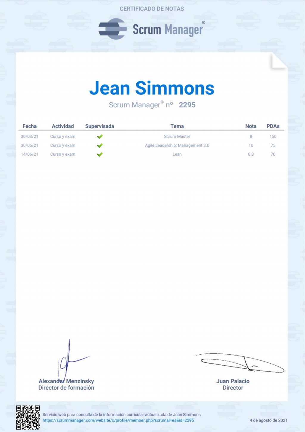 Ejemplo de certificado de notas Scrum Manager