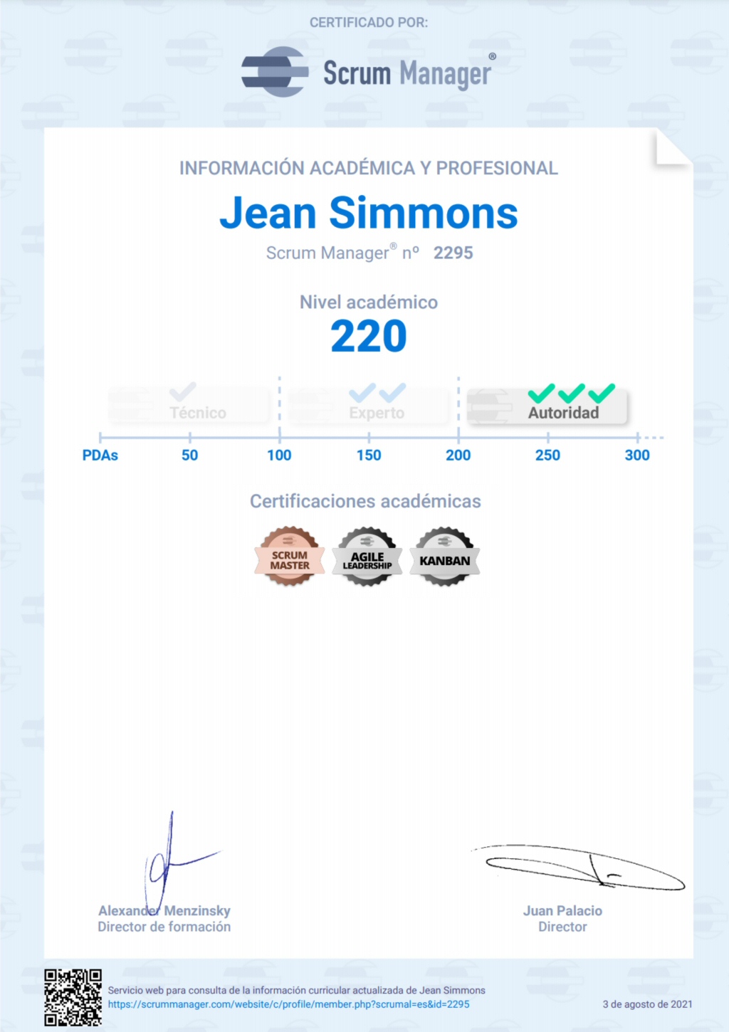 Ejemplo de certificado general Scrum Manager