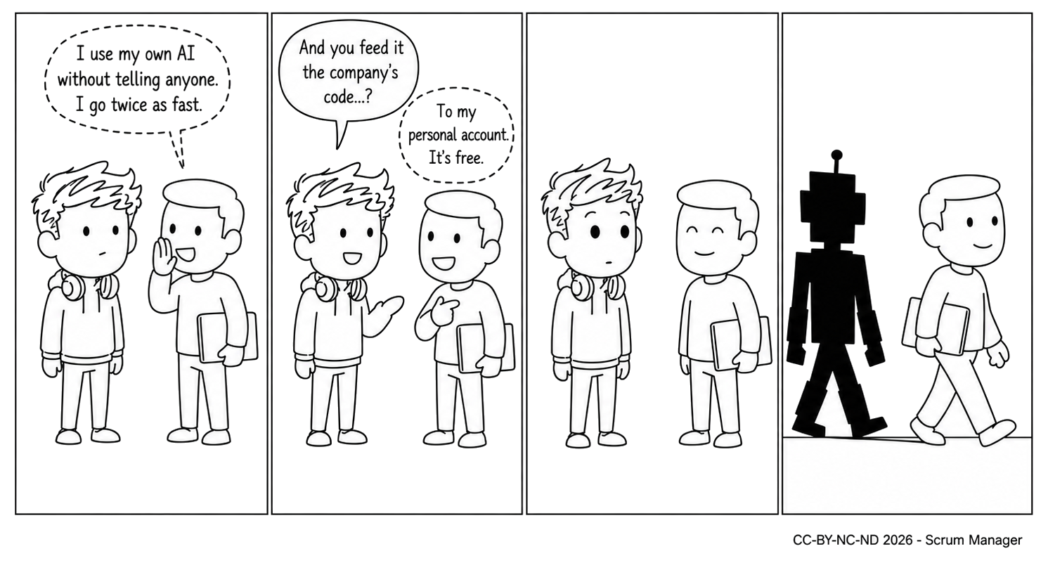 Four-panel comic strip: a developer whispers that he uses his own AI without telling anyone and feeds company code to his personal account; as he walks away down the hallway, his shadow on the wall is robot-shaped.