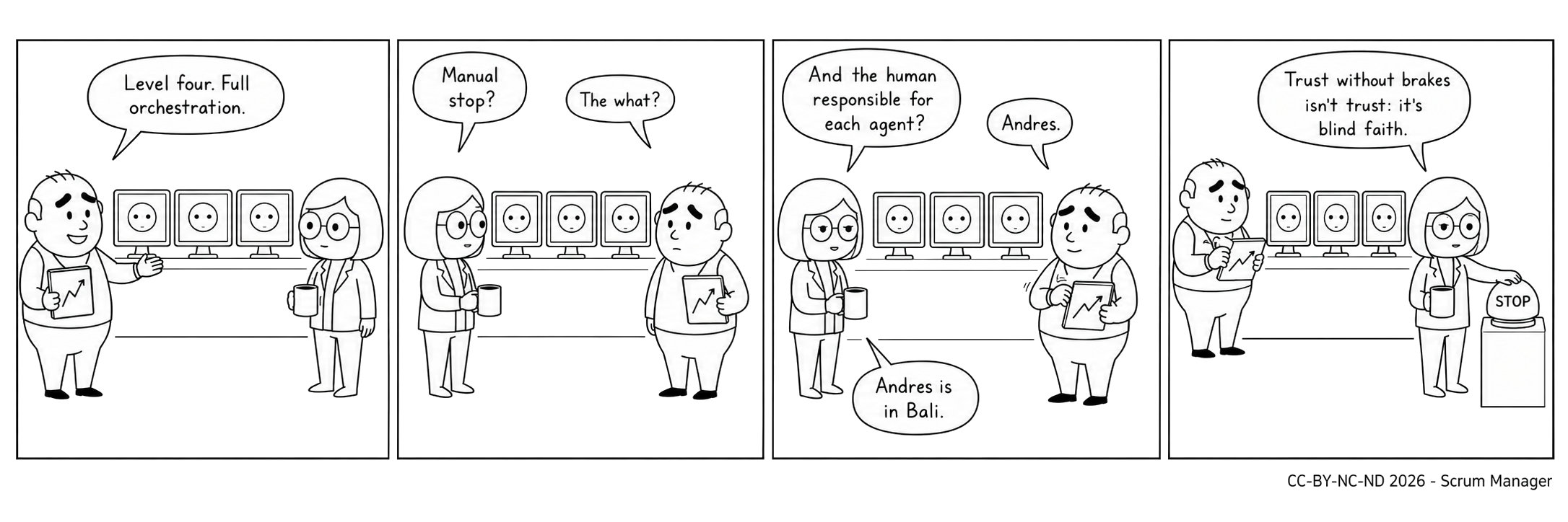 Four-panel comic strip: a manager shows off full orchestration in front of a row of screens with AI agents; a colleague asks about the manual stop and the human responsible for each agent, and ends up installing a big stop button.