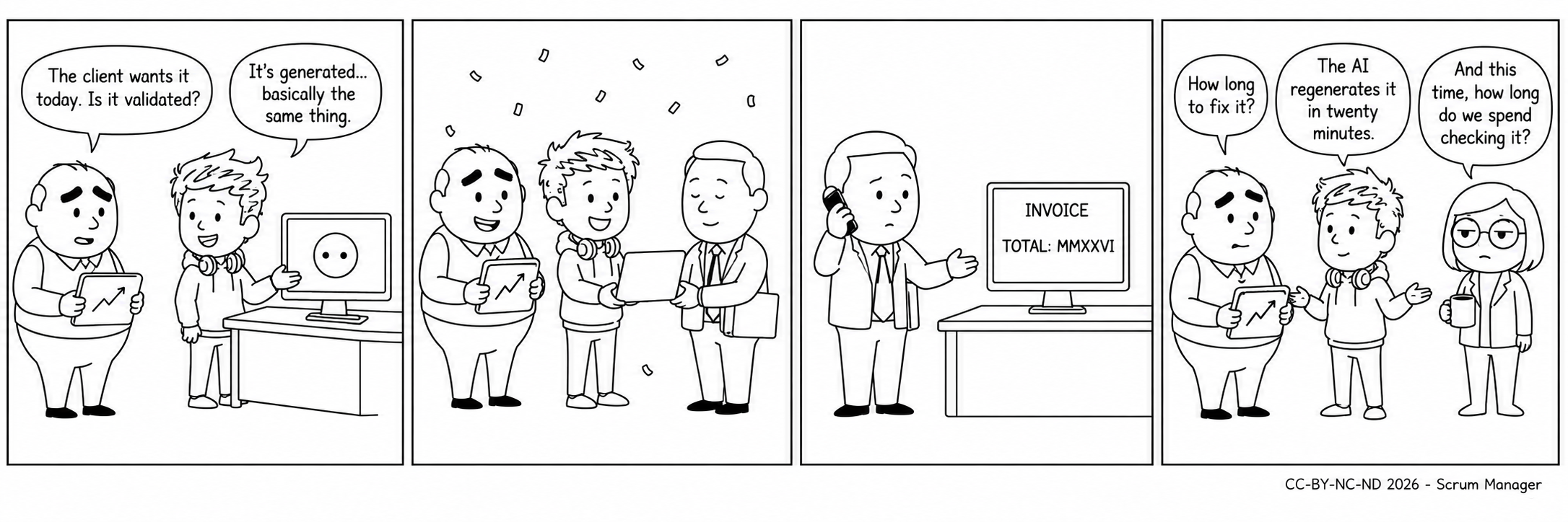 Four-panel comic strip: the team ships without validating, the customer gets an invoice in Roman numerals and Vera asks how much they will invest in looking next time.