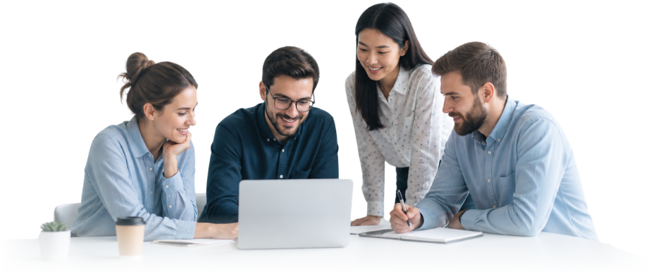 Equipo de trabajo reunido alrededor de un portátil